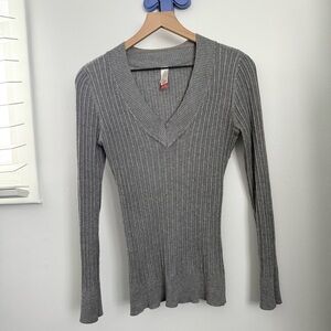Y2K XL Grey Rib Long Sleeve Fitted Top Slim Bella Swan Elena Gilbert V Neck